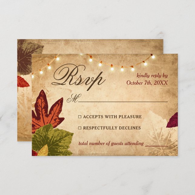 Eleganter Herbst hinterlässt rustikale Hochzeit im RSVP Karte (Vorne/Hinten)