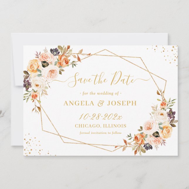 Eleganter Herbst Orange Gold Floral Trendy Geometr Save The Date (Vorderseite)