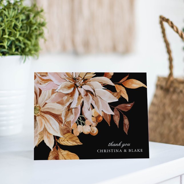 Eleganter Herbst Schwarze Flora Hochzeit Vielen Da (Elegant Autumn Black Watercolor Floral Wedding Thank You Card)