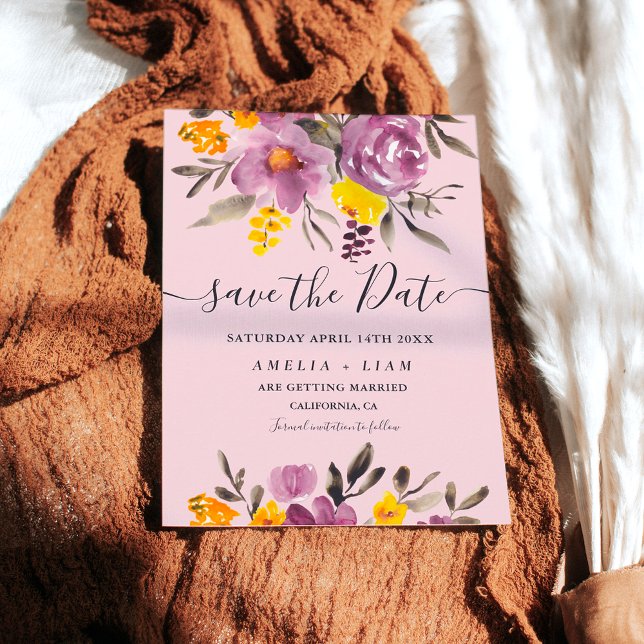 Eleganter Herbst Winter lila floral Save the Date (Elegant fall winter purple floral save the date on pink)