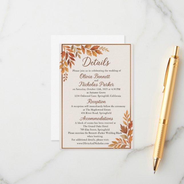 Eleganter Herbstlaub & Kupferskript Rustikaler Her Begleitkarte (Vorderseite/Rückseite Beispiel)