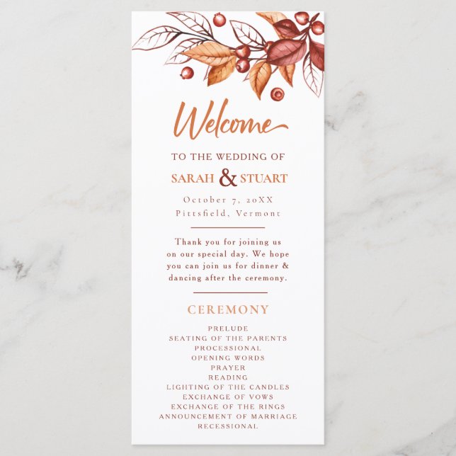 Eleganter Herbstton Terracotta Wedding Programm (Vorderseite)