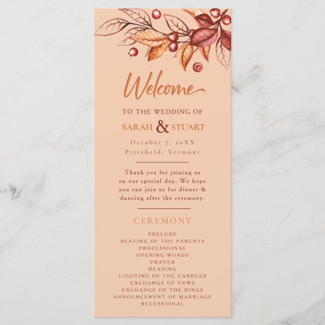 Eleganter Herbstton Terracotta Wedding Programm (Vorderseite)