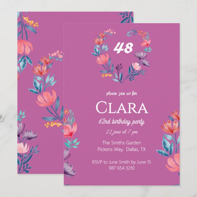 Eleganter, herzförmiger Blumengeburtstag Einladung (Vorne/Hinten)
