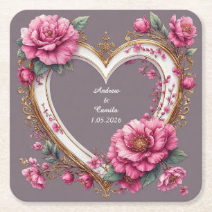 Eleganter Herzrahmen mit rosa Rosen Rechteckiger Pappuntersetzer