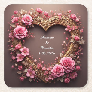 Eleganter Herzrahmen mit rosa Rosen Rechteckiger Pappuntersetzer