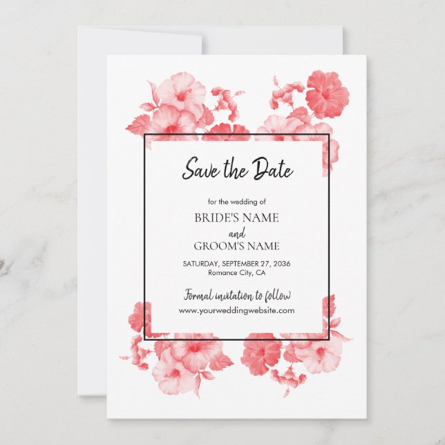 Eleganter Hibiskus Hochzeit Save The Date (Vorderseite)
