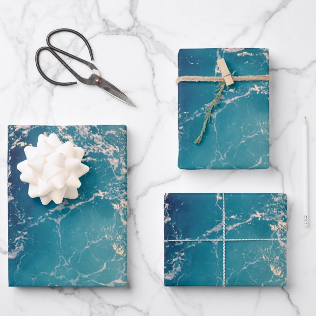 Eleganter Hintergrund tiefblauer Ozeanwellen Geschenkpapier Set (Vorderseite)