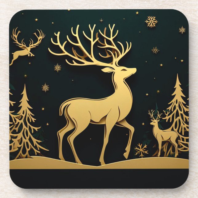 Eleganter Hirsch – Goldene Wald Silhouette Getränkeuntersetzer (Vorderseite)