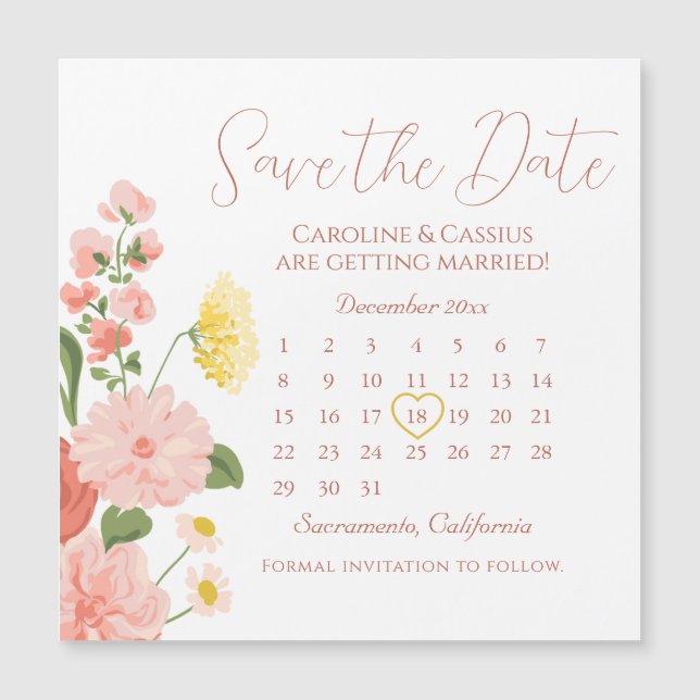 Eleganter Hochzeitkalender der Blume Save the Date Magnetkarte (Vorderseite)