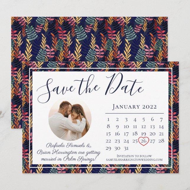 Eleganter Hochzeitkalender für das tropische Leaf  Save The Date (Vorne/Hinten)