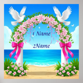Eleganter Hochzeitsbogen mit Tauben Poster