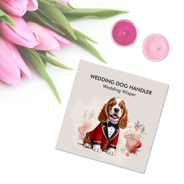 Eleganter Hochzeitshandler mit Hochzeitsblumen Quadratische Visitenkarte (Elegant Wedding Dog Handler With Wedding Flowers Square Business Card)