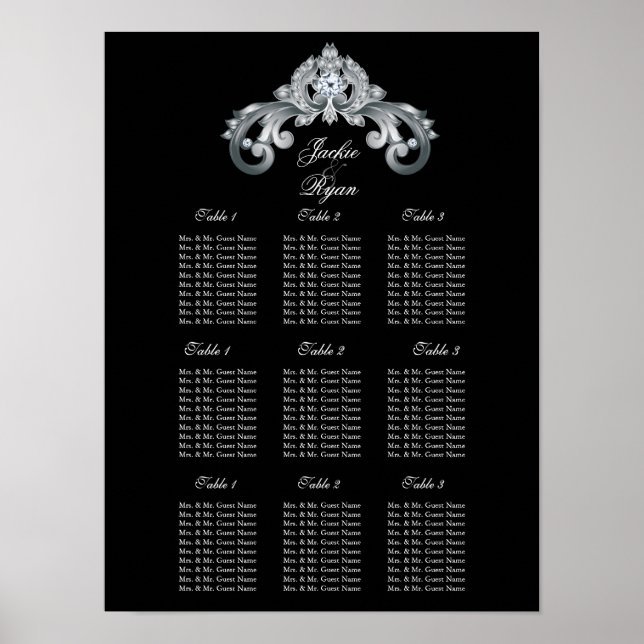 Eleganter Hochzeitsplan Schwarzes Silber Poster (Vorne)