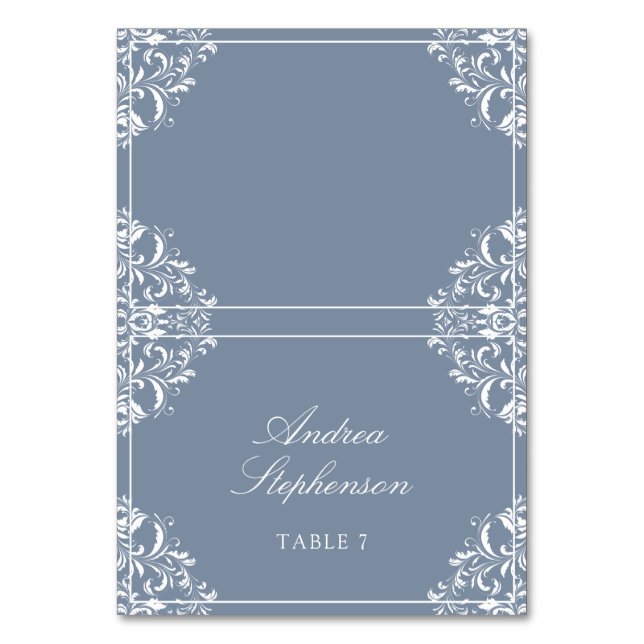 Eleganter Hochzeitsplatz / Namenskarte (Dusty Blue Tischnummer (Vorderseite)