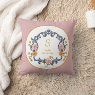Eleganter Hochzeitsstil Blau Monogramm und Floral Kissen