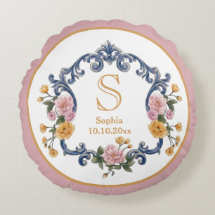 Eleganter Hochzeitsstil Blau Monogramm und Floral Rundes Kissen