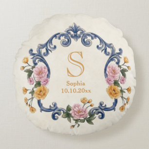 Eleganter Hochzeitsstil Blau Monogramm und Floral Rundes Kissen