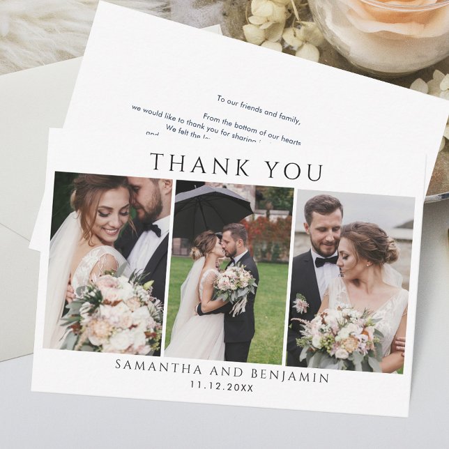 Eleganter Hochzeitstag Foto Collage Vielen Dank Mitteilungskarte (Custom 3 Photos Wedding Thank You Card)