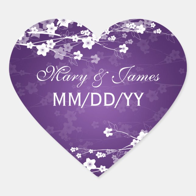 Eleganter Hochzeitstag Kirschblossom Lila Herz-Aufkleber (Vorderseite)
