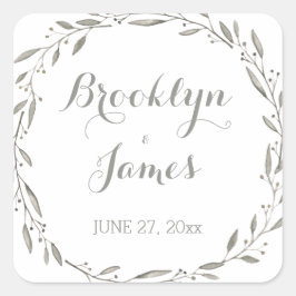 Eleganter Hochzeitsticker Gray Floral Wreath Quadratischer Aufkleber