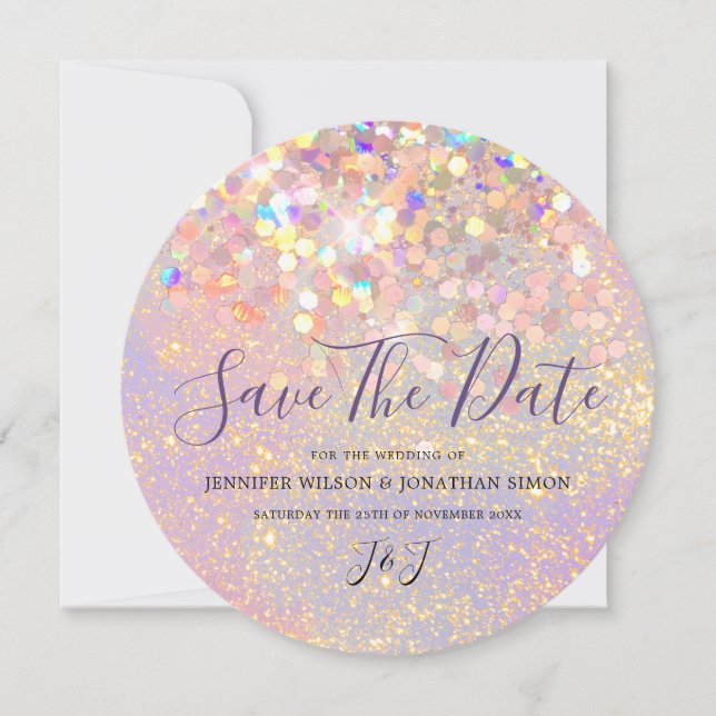 Eleganter holografischer Funkelnd Glitzer Modernes Save The Date (Vorderseite)