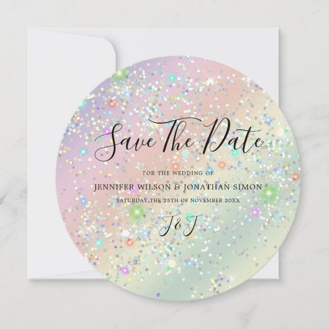 Eleganter holografischer Funkelnd Glitzer Pastel M Save The Date (Vorderseite)