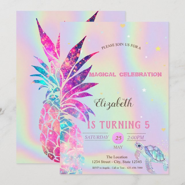 Eleganter holografischer Glitzer Ananas Einladung (Vorne/Hinten)