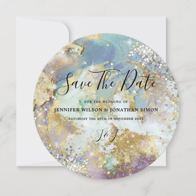 Eleganter holografischer Glitzer Watercolor Gold M Save The Date (Vorderseite)