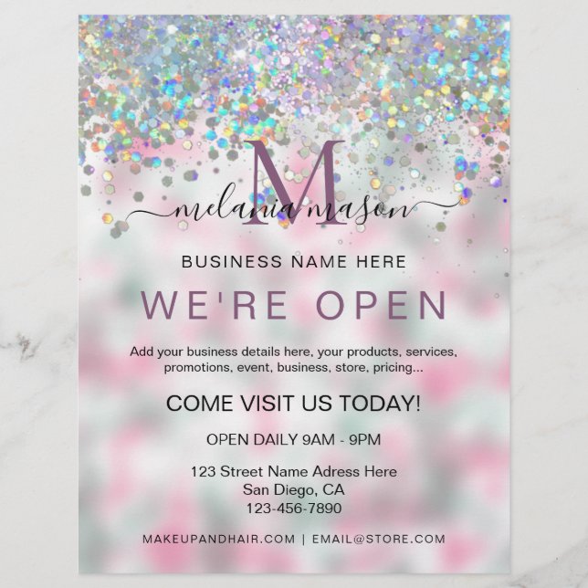 Eleganter holografischer Glitzer Wir sind Open Sal Flyer (Vorne)