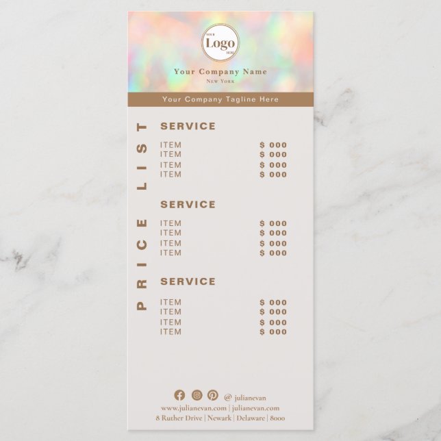 Eleganter Holographic Beautician Price List Servic Menükarte (Vorderseite)