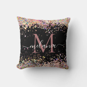 Eleganter Holographic Glitzer Monogram Name Black Kissen