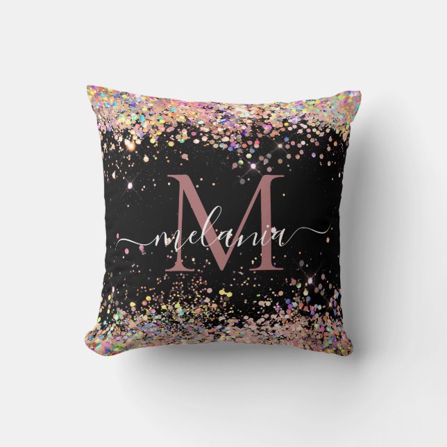 Eleganter Holographic Glitzer Monogram Name Black Kissen (Vorderseite)