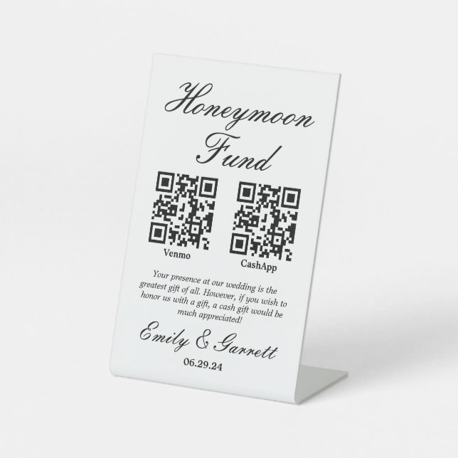 Eleganter Honeymoon Fund QR Code Pedestal Sign Sockelschild (Vorderseite)