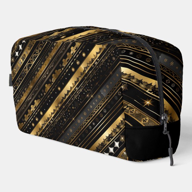 Eleganter, horizontal gestreifter Schwarz-Gold-Str Waschbeutel (Rechte Ecke)