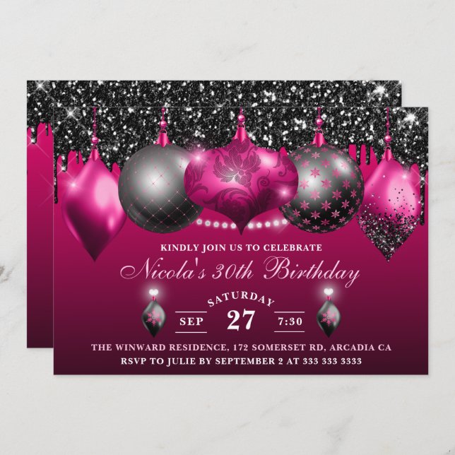 Eleganter Hot Pink & Black Glitzer Baubles Geburts Einladung (Vorne/Hinten)