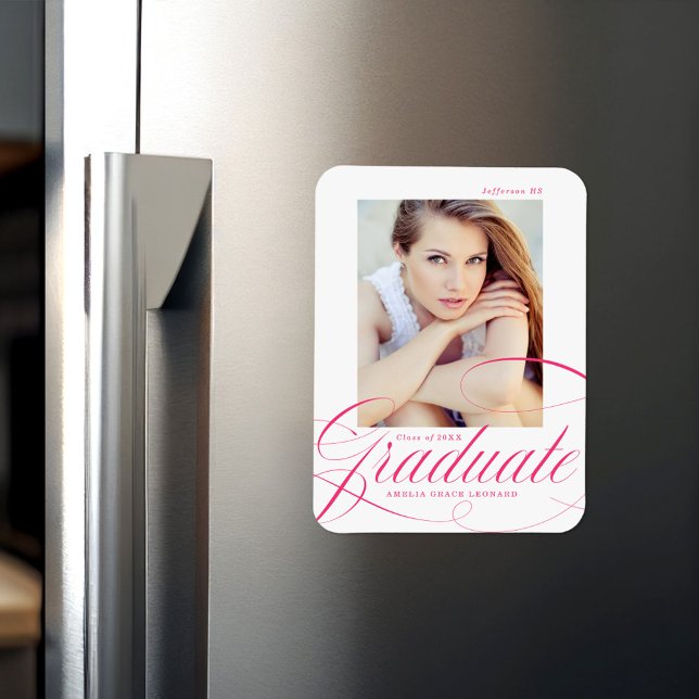 Eleganter Hot Pink Calligraphy Foto Abschluss Magnet (Von Creator hochgeladen)