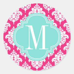 Eleganter Hot Pink Damask Personalisiert Runder Aufkleber