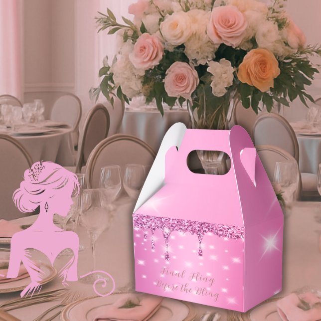 Eleganter Hot Pink Glitzer Tropfen Bachelorette Geschenkschachtel (Final Fling Before the Bling favor box in blush pink bridal suite with elegant glam reception decor)