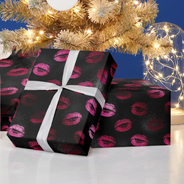 Eleganter Hot Pink und Schwarzer Glitzer Lipstick  Geschenkpapier (Feiertage)