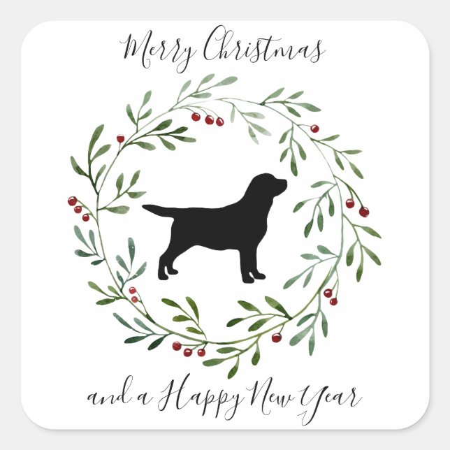 Eleganter Hund Frohe Weihnachtsrappe Black Labrado Quadratischer Aufkleber (Vorderseite)