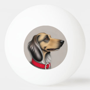 Eleganter Hund mit rotem Halsband seitlich posiert Tischtennisball