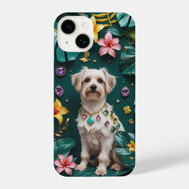 Eleganter Hund mit tropischen Blume und Edelstein iPhone Hülle (Rückseite)