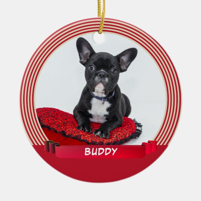 Eleganter Hund Welpe Foto Red Ribbon Keramik Ornament (Vorne)