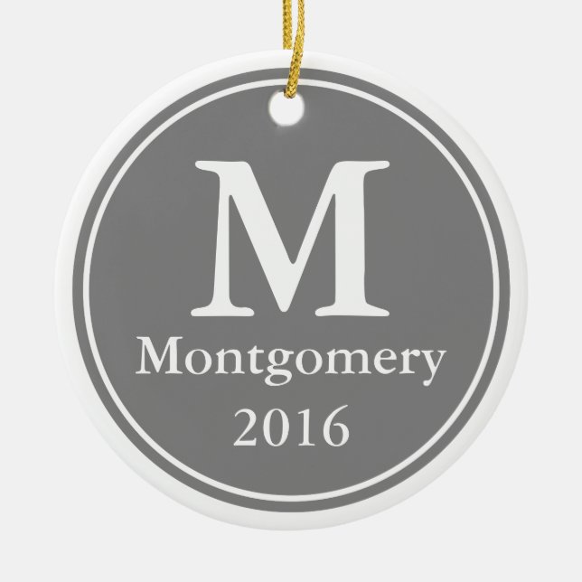 Eleganter Icy Snowflake & Grey Circle Familienname Keramikornament (Vorne)