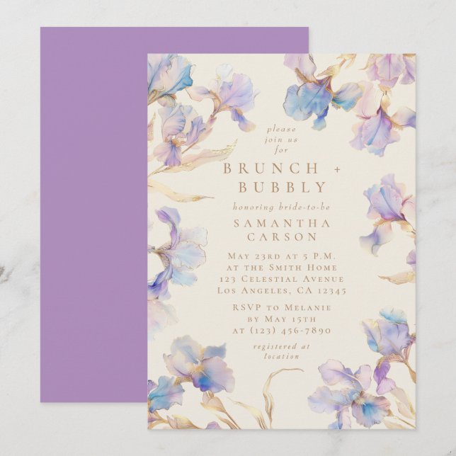 Eleganter Iris Blumenbrunch und Bubbly Einladung (Vorne/Hinten)