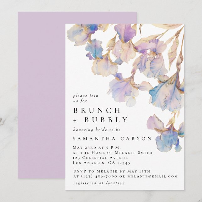 Eleganter Iris Blumenbrunch und Bubbly Einladung (Vorne/Hinten)