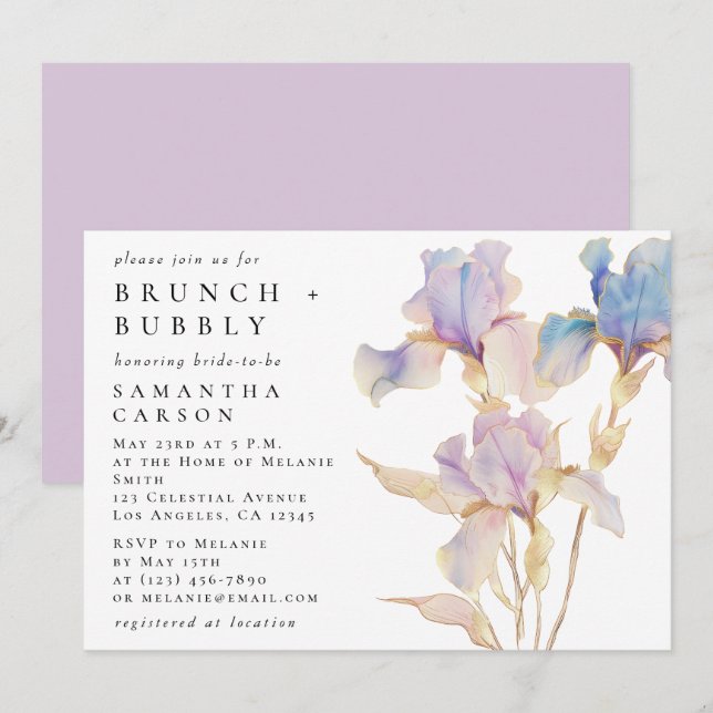 Eleganter Iris Blumenbrunch und Bubbly Einladung (Vorne/Hinten)