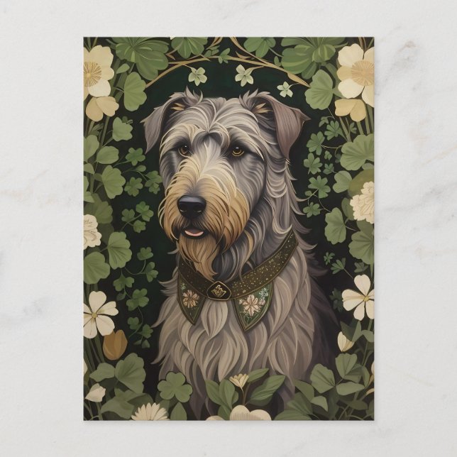 Eleganter Irish Wolfhound mit Kleeblättern Postkarte (Vorderseite)