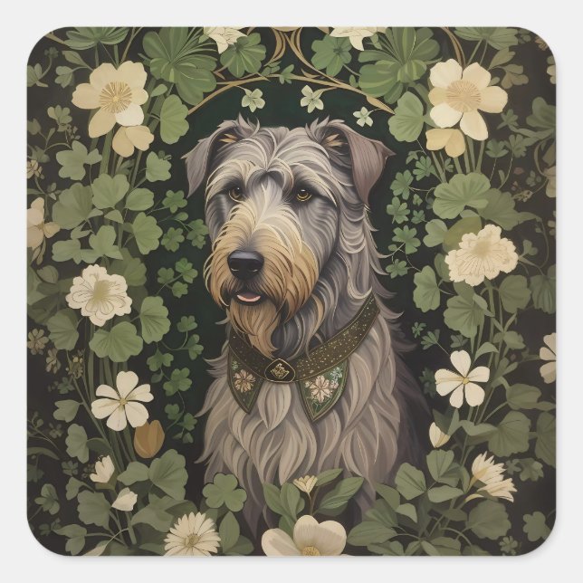 Eleganter Irish Wolfhound mit Kleeblättern Quadratischer Aufkleber (Vorderseite)